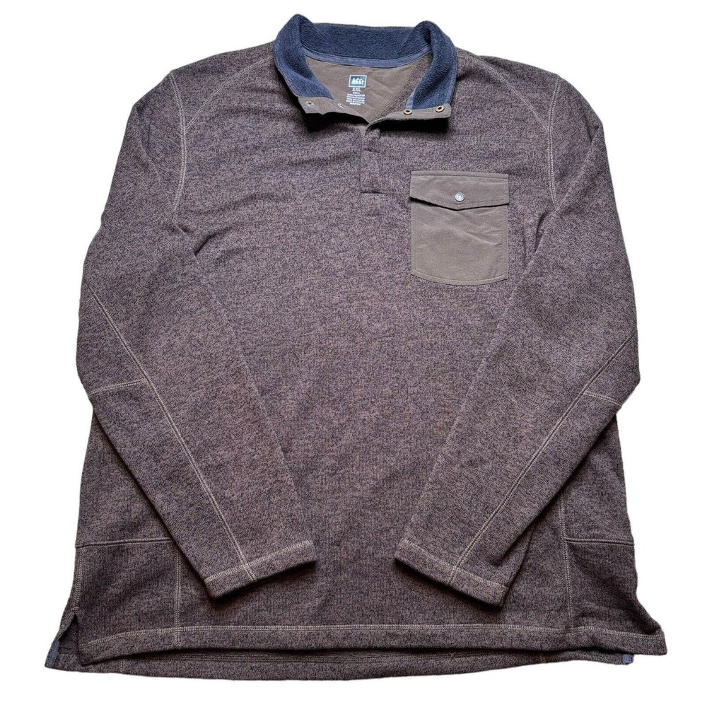 Rei Mens Size 2XL Brown Knit Snap Pocket Half Button Polyester Jacket Outdoor